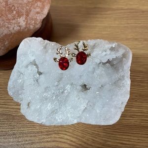 Gold Reindeer Stud Earrings with Red Faux Gemstones